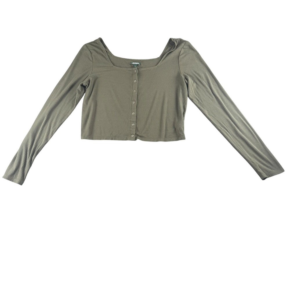 Wild Fable Olive Green Ribbed Long Sleeve Snap Front Crop Top‎ Square Neck Large
